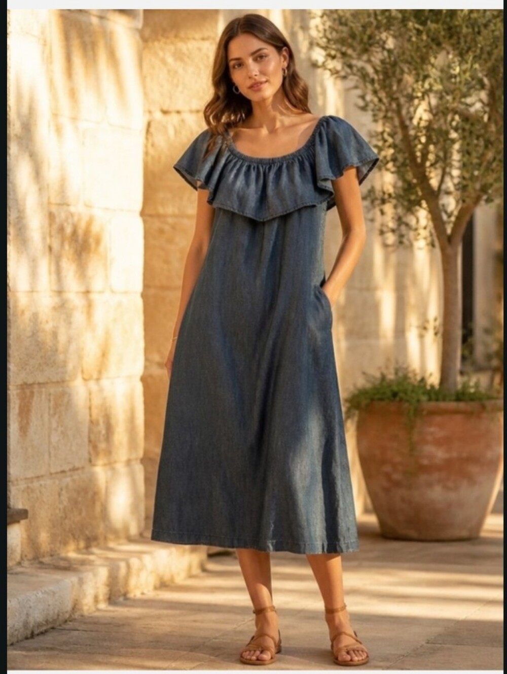 Tommy Bahama Indigo Ruffled-Trim Denim Midi Dress